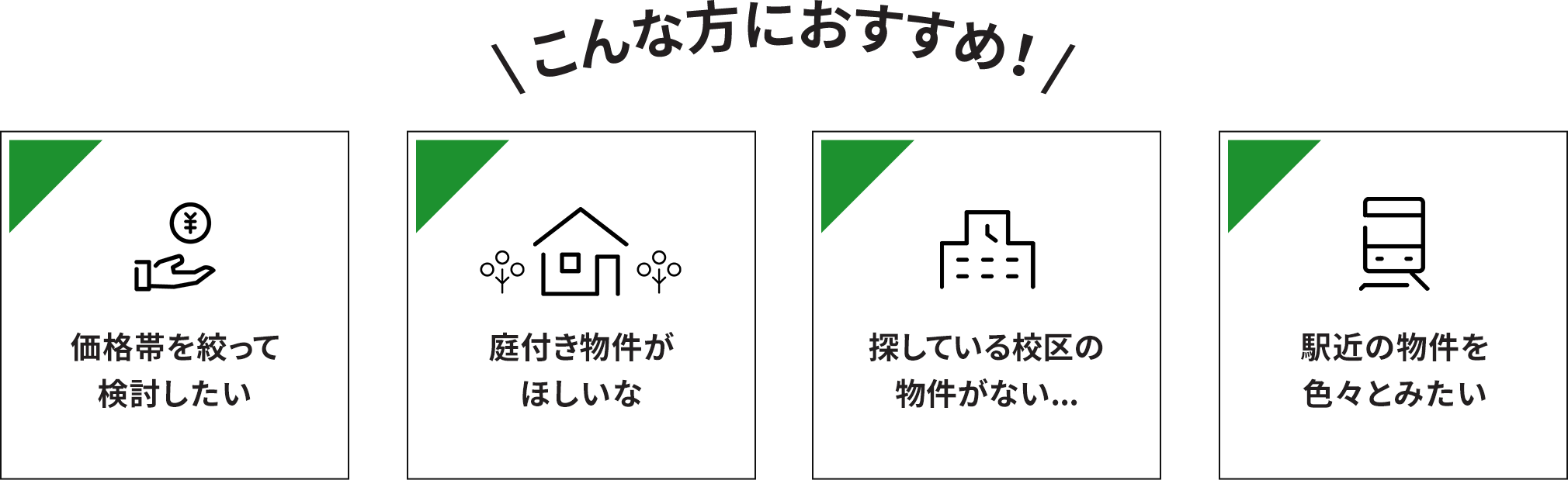 【こんな方におすすめ！】価格帯を絞って検討したい/庭付き物件がほしいな/探している校区の物件がない/駅近の物件を色々とみたい